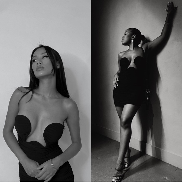 Maison Femalien | Ella Strapless Ruched Mesh Little Black Mini Dress Size M - Picture 10 of 12